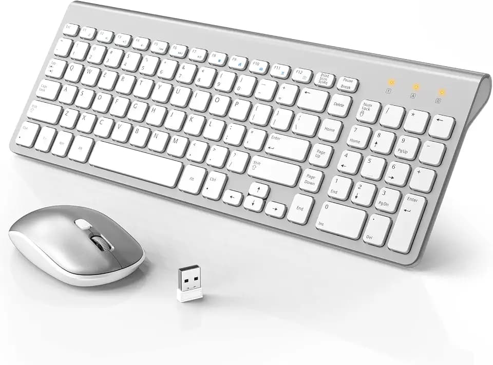 WisFox Wireless Keyboard and Mouse Combo, Ultra Slim Compact Keyboard with Silent Keys, Power Switch, Lag-Free Cordless USB Set with Number Pad for Computer, Laptop, Windows (White)
