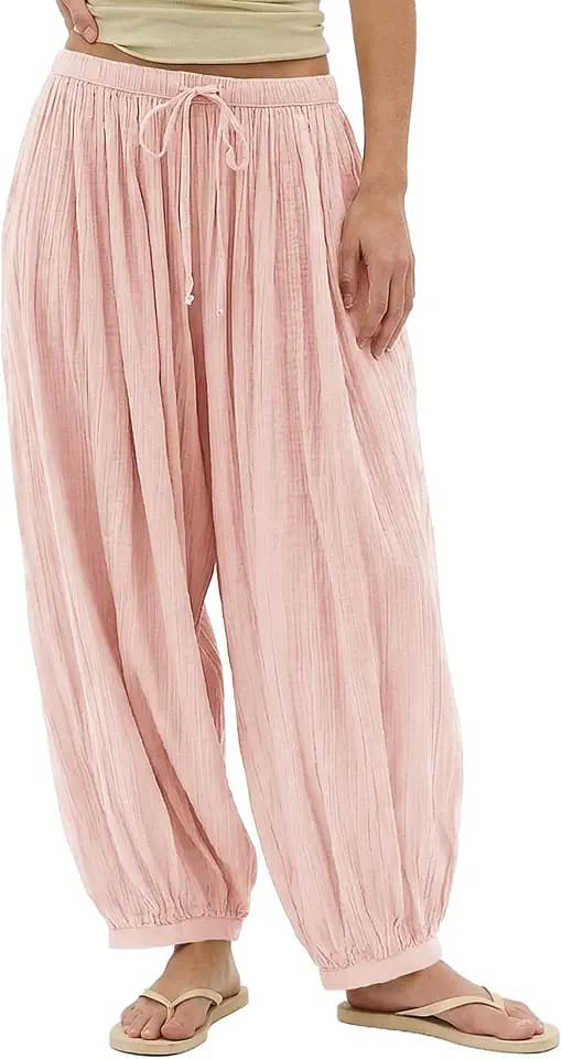 Jenkoon Womens Balloon Pants Summer Flowy Wide Leg Pants Cotton Blend Drawstring Vacation Beach Pants