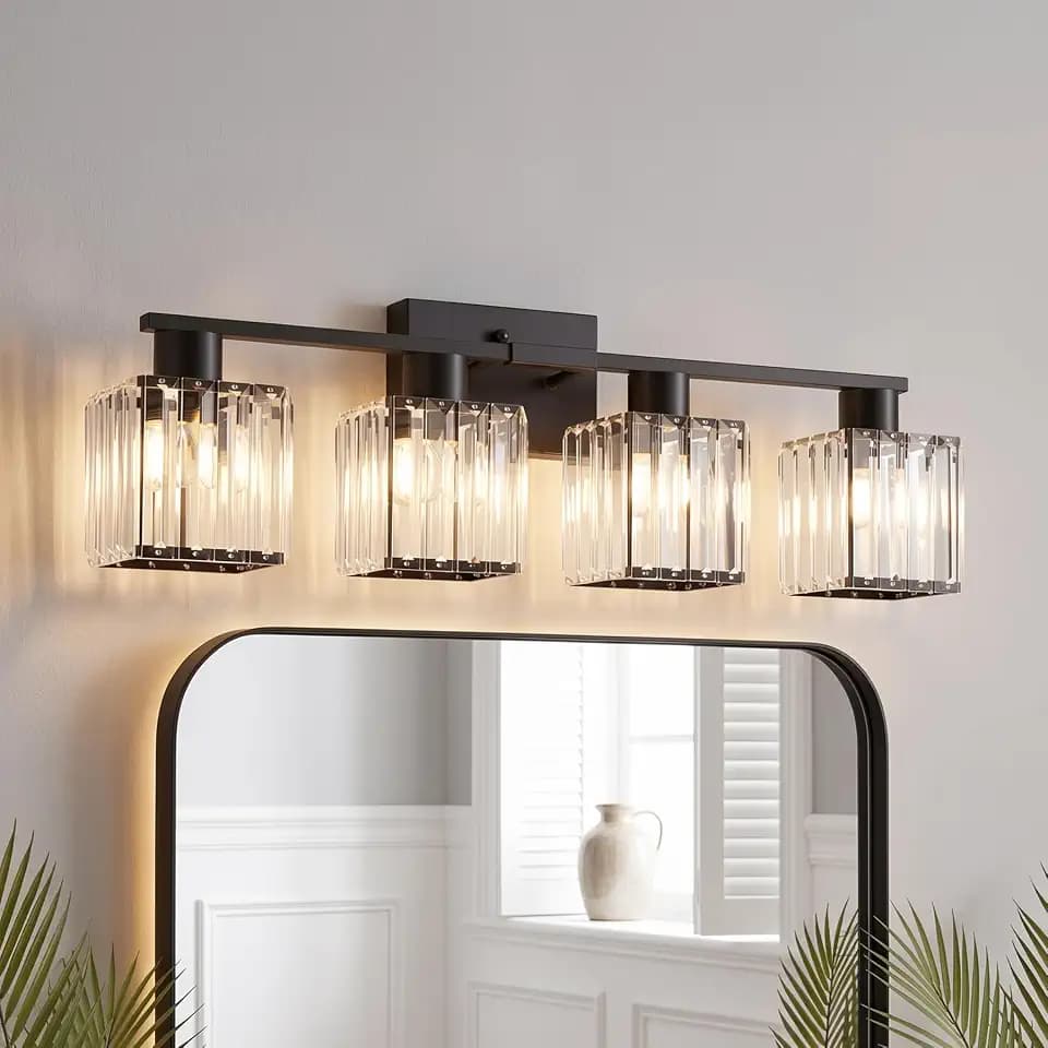 Crystal Bathroom Light Fixtures, 4-Light Matte Black, Vanity Lights for Bathroom Over Mirror, Modern Bath Wall Sconce for Mirror Bedroom Living Room