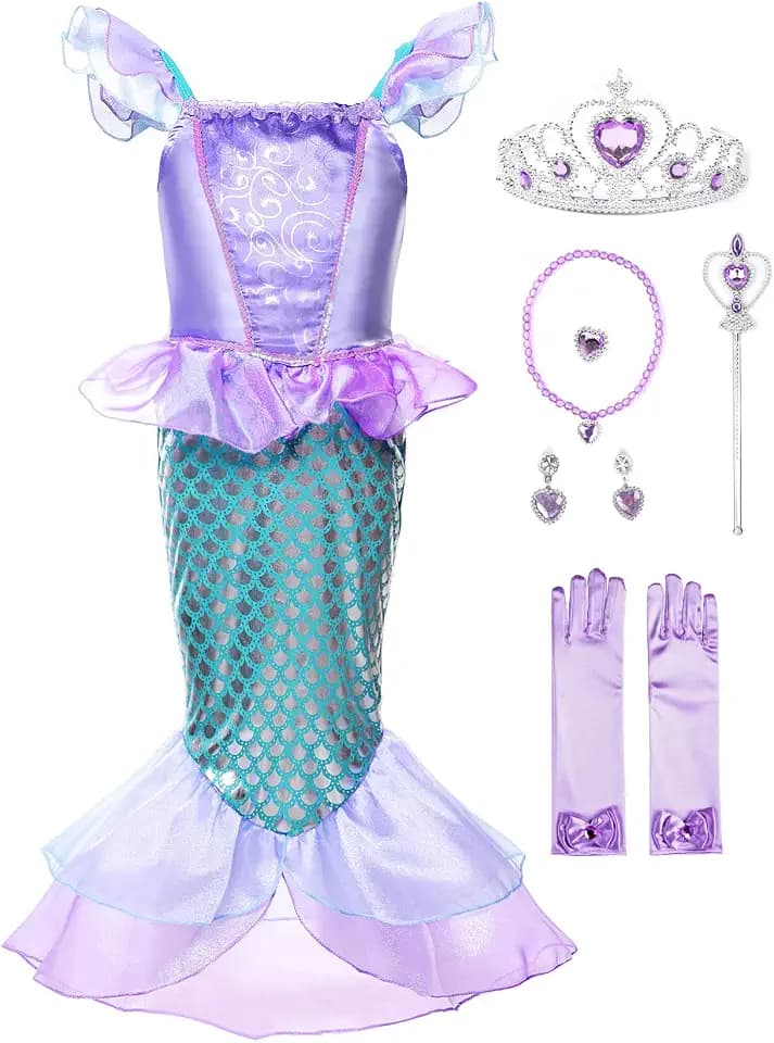 JerrisApparel Mädchen Prinzessin Meerjungfrau Kostüm Halloween Party Kleid (Lila mit Zubehör, 100)