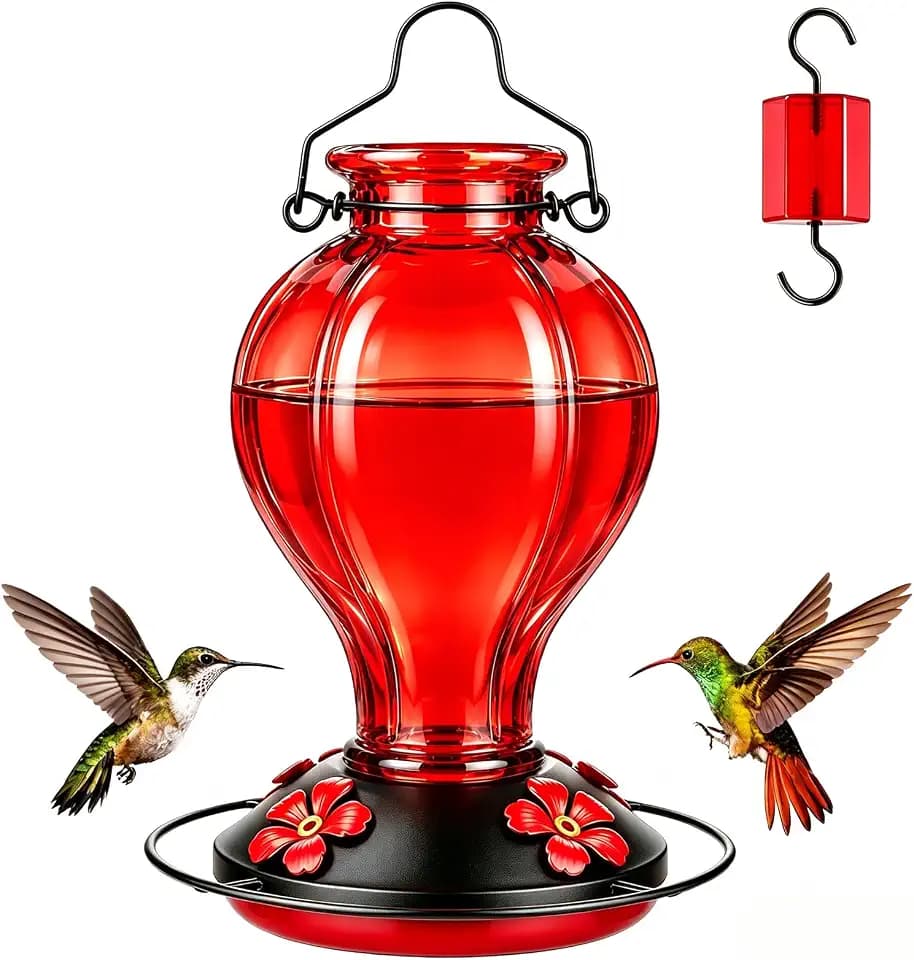 Glass Hummingbird Feeders for Outdoors Hanging, 24oz Wild Bird Nectar Feeder with Ant Moat and 360° Perch, Bee-Resistant Ports,Outside Garden Decor,Colorful Gifts for Women Mom, 1 Pack, Red