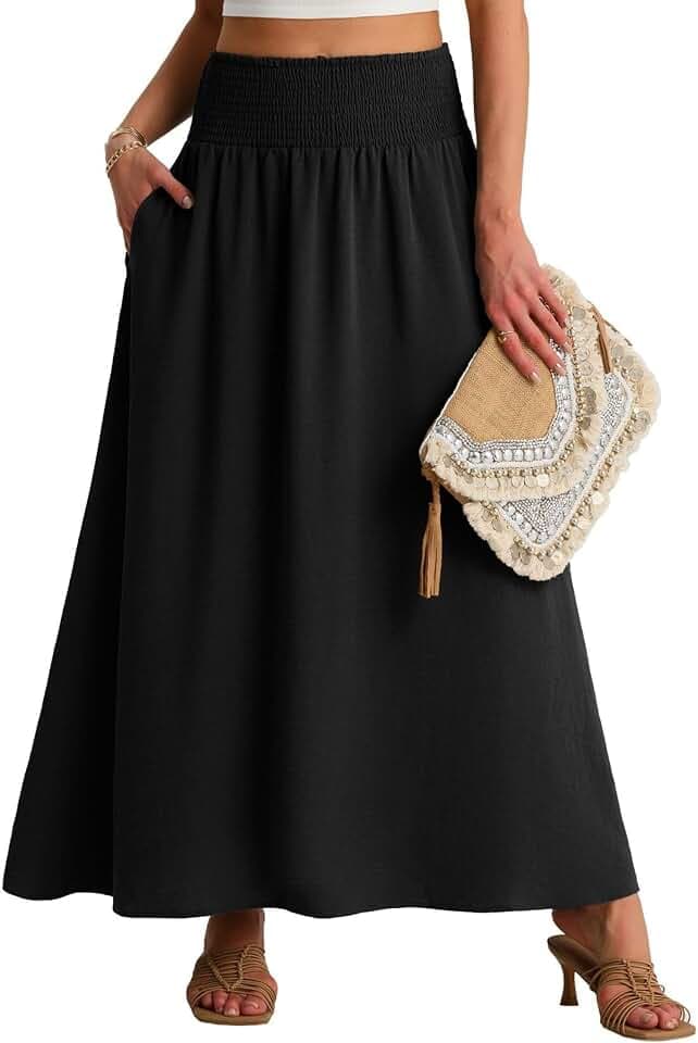 QIXING Damen Sommerrock Lang A-Linie Smocked Hohe Taille Swing Plisseerock mit Taschen Boho Maxirock
