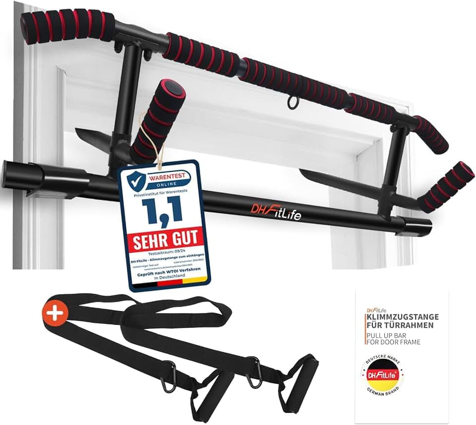 DH FitLife Klimmzugstange Türrahmen ohne Schrauben | Pull up bar Doorway | Reckstange Turnstange Türreck zum Einhängen | inkl. Schlingentrainer | Für Türrahmen 70-92cm