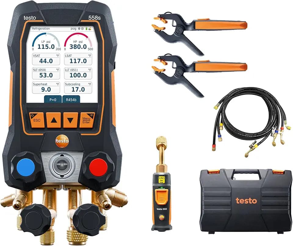 Testo 558s AC Manifold Gauge Set – HVAC Manifold Gauge Set with 2X 115i Pipe-Clamp Thermometer, 1 x 552i Vacuum Probe and a Set of 4 Hoses – with 4-Way Valve, USB-C - Bluetooth and App-Connection