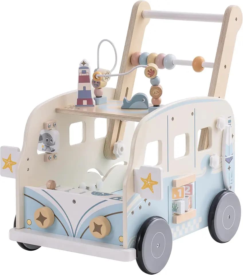 ROBUD Lauflernwagen Holz, Multifunktion Baby Lauflernhilfe mit & Rädern & Bauklötzen Spielgeräte Aktivitätszentrum Set, Baby Walker Spielzeug Geschenk für Kleinekinder Kinder 10 Monate - 1-2 Jahre