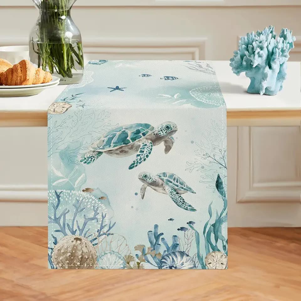 Bonhause Sea Turtle Table Runner 13x90 Inch Nautical Coastal Teal Blue