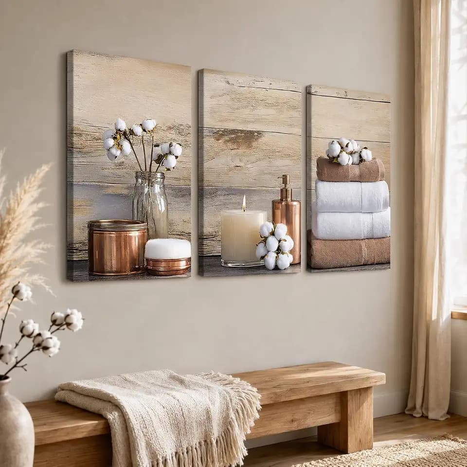GUTTATY 3 Piece Bathroom Botanical Floral Canvas Wall Art, Rustic Vintage Farmhouse Flower Pictures, Boho Living Room Bedroom Wall Decor, Brown and White Spa-Inspired Canvas Prints, 12"x18"x3Pcs