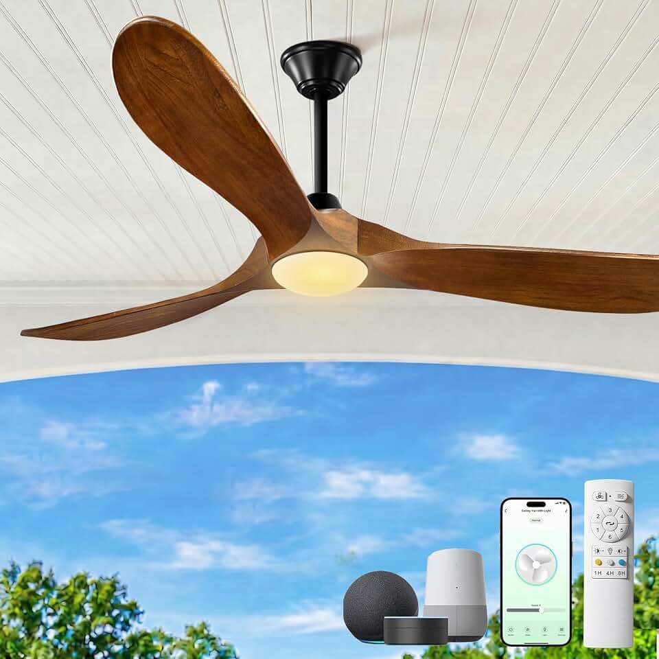 52 inch Outdoor Ceiling Fans with Lights-Glass Lamp, Smart Ceiling Fan with WIFI Alexa and App Remote Control, Damp Rated Wood Propeller Blades for Patios & Porch, 3 Blades, High CFM 6 Speed, Walnut
