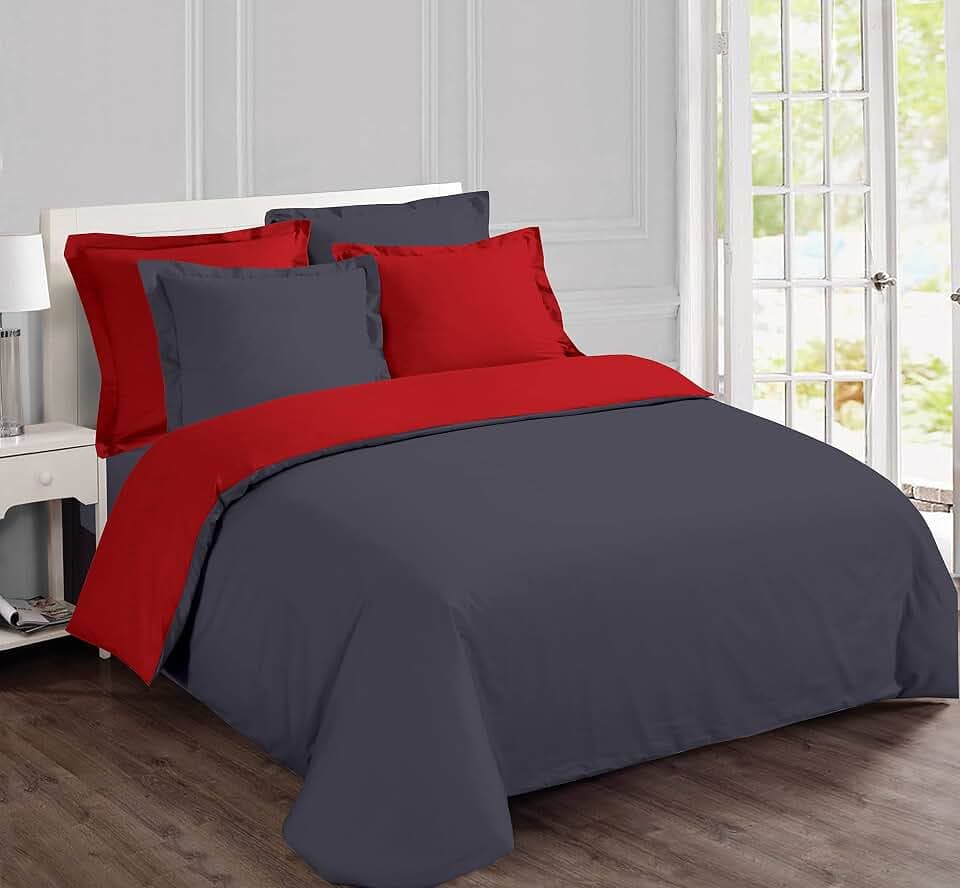 Vision – Bettwäsche – Bettbezug 260 x 240 cm mit 2 passende Kissenbezüge 80 x 80 cm – Reißverschluss – Vollständig wendbar: Wahl zwischen grau und rot – 100% Baumwolle – Ökotex-Zertifikat