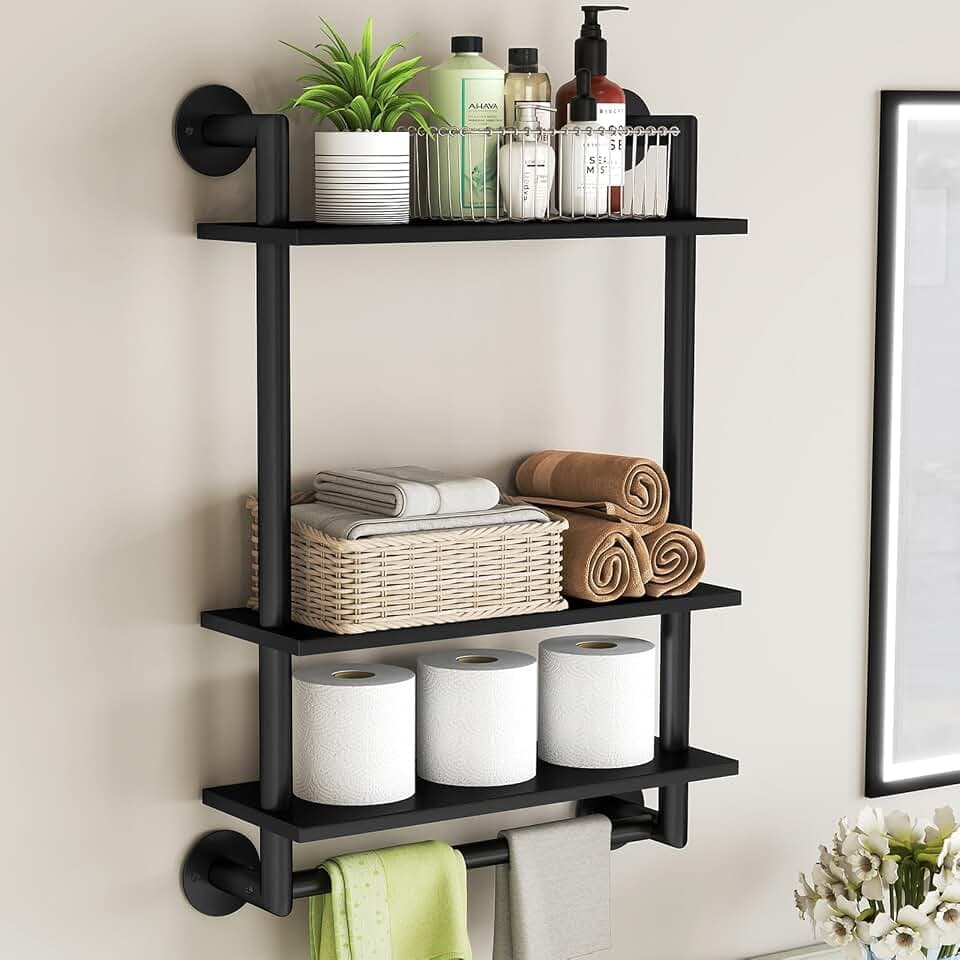 STWWO Bathroom Shelves Wall Mounted, 3 Tier Black Bathroom Shelf with Bar