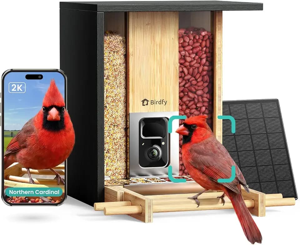 Birdfy Smart Bird Feeder with Camera, Solar Powered, 2K Live Stream, Bamboo Bird Feeder with Metal Guard, AI Bird Identification, Auto-Recorded Videos, Gift for Bird Lovers