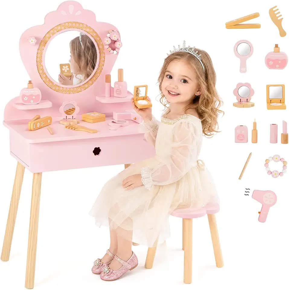 Frogprin 13Pcs Toddler Vanity Set with Mirror, Kids Vanity Table Chair Set