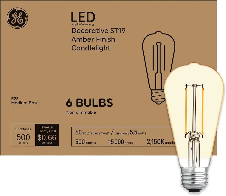 GE Vintage Style LED Light Bulbs, 60 Watt, Amber Finish, ST19 Edison Style Bulbs (6 Pack)