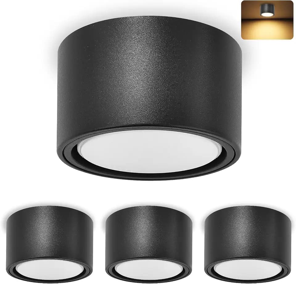 YindaLux 4x LED Aufbauspot Schwarz Matt Aufbaustrahler inkl. 6W 660LM Warmweiß Aufputz 230V GX53 LED als Aufbauleuchte, Deckenspots, Spots Deckenleuchte, Deckenstrahler Aluminium Rund Ø95x55mm