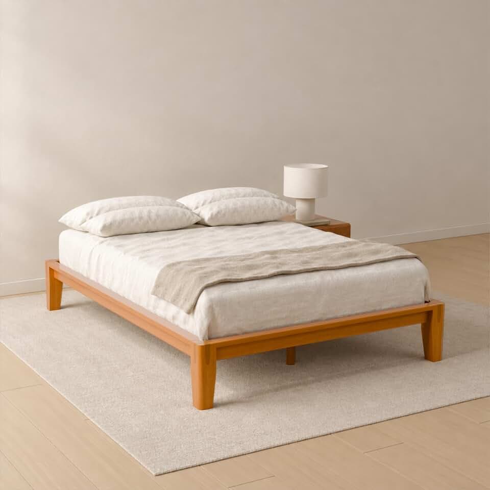Doppelbett 140 × 200 cm, Hauptrahmen aus massivem Gummibaumholz mit Sperrholzlatten, japanisch inspirierte Steckverbindungen, Aufbau ohne Schraubendreher, 23 cm Bodenfreiheit, Natur