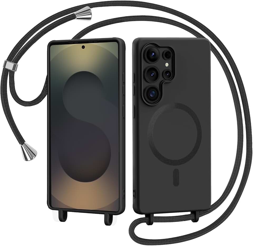 AOMYKE Handyband für Samsung Galaxy S25 Ultra Hülle mit Band, Magnetisch Handyhülle kompatibel mit Magsafe zum Umhängen Schutzhülle mit Kette Kordel Weich TPU Liquid Silikon Case,Schwarz