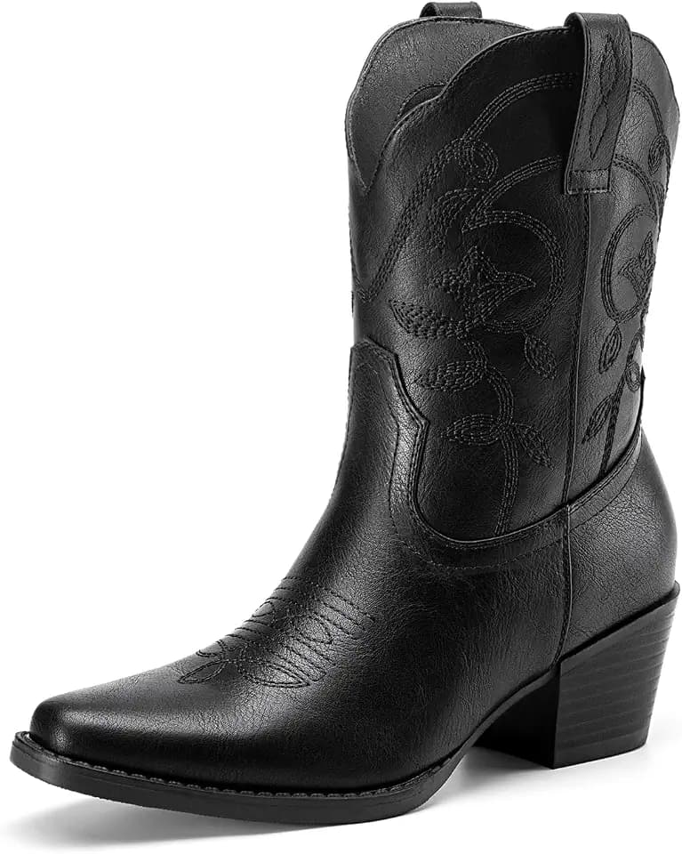 Athlefit Women's Square Toe Chunky Heel Cowboy Cowgirl Boots