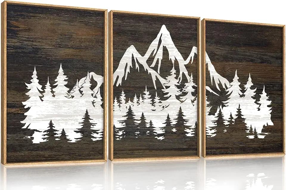 LHIUEM Large Mountain Tree Framed Canvas Wall Art Set,Modern White Forest Art Printing Country Minimalist Wood Wall Decor Farmhouse Zen Artwork for Living Room Bedroom Office-24''x36''x3