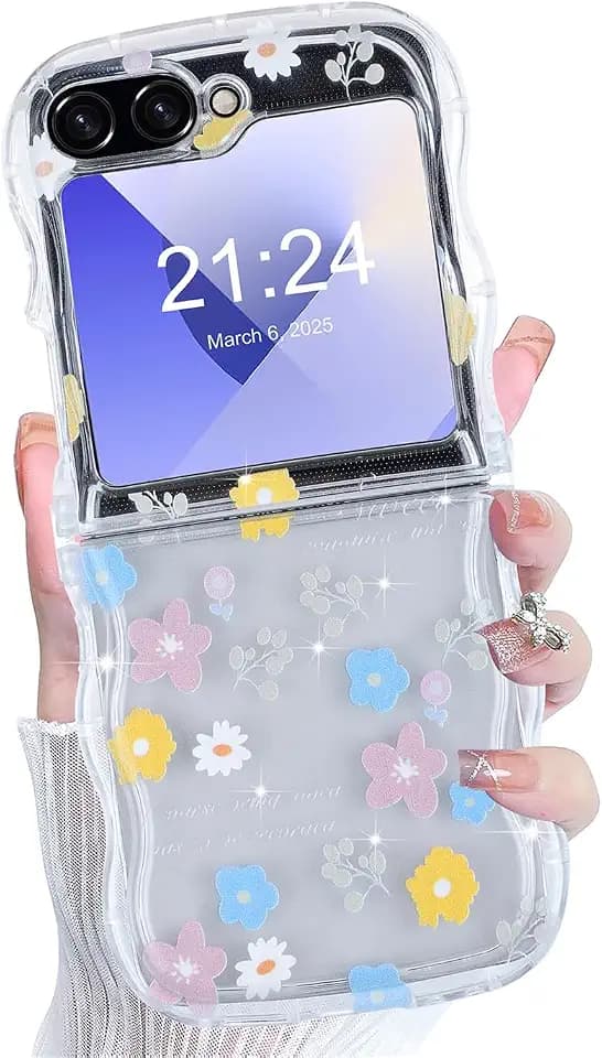 Galaxy Z Flip 6 Case Clear Flip 6 Case Flower Protective Cover for Samsung Galaxy Z Flip 5 2023/Galaxy Z Flip 6 2024 5G for Women Girl - Floral B