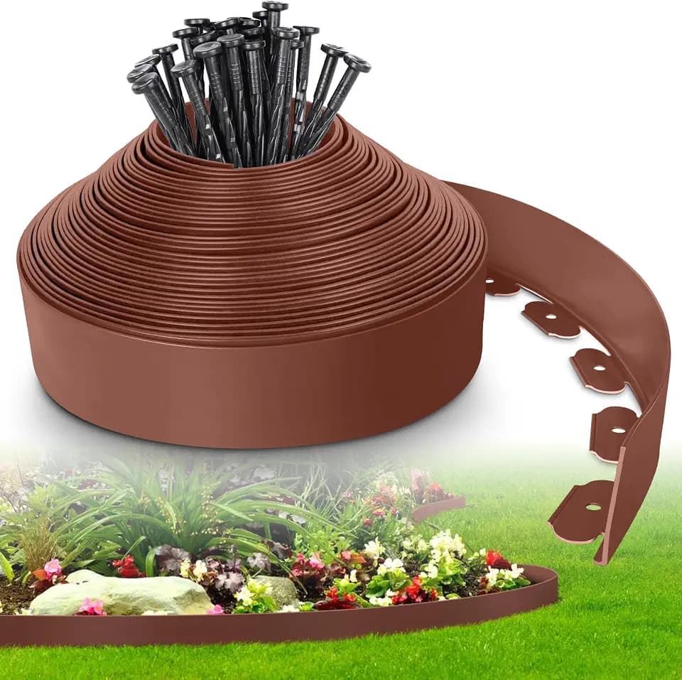 4-Inch x 50 FT Landscape Edging Border with 75 Spikes, Garden Edging Lawn Border Kit, Plastic Edging Border Flexible for Garden Flower Beds Lawn Yard Pathway Paver Edging (Brown)