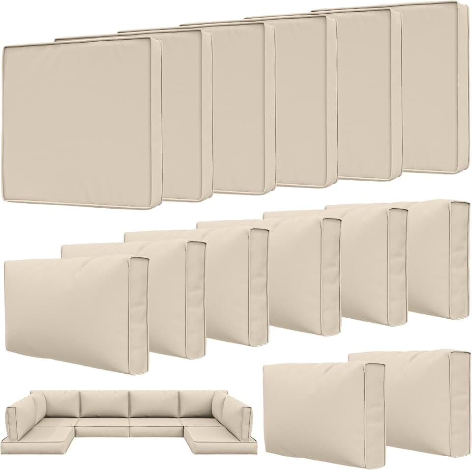 14 Pcs Outdoor Patio Cushion Covers, Replaceable Waterproof Furniture Covers, Outdoor Non-Slip Covers with Zippers, Couch 3 Sizes for Backyard Garden, Covers Only, Cream