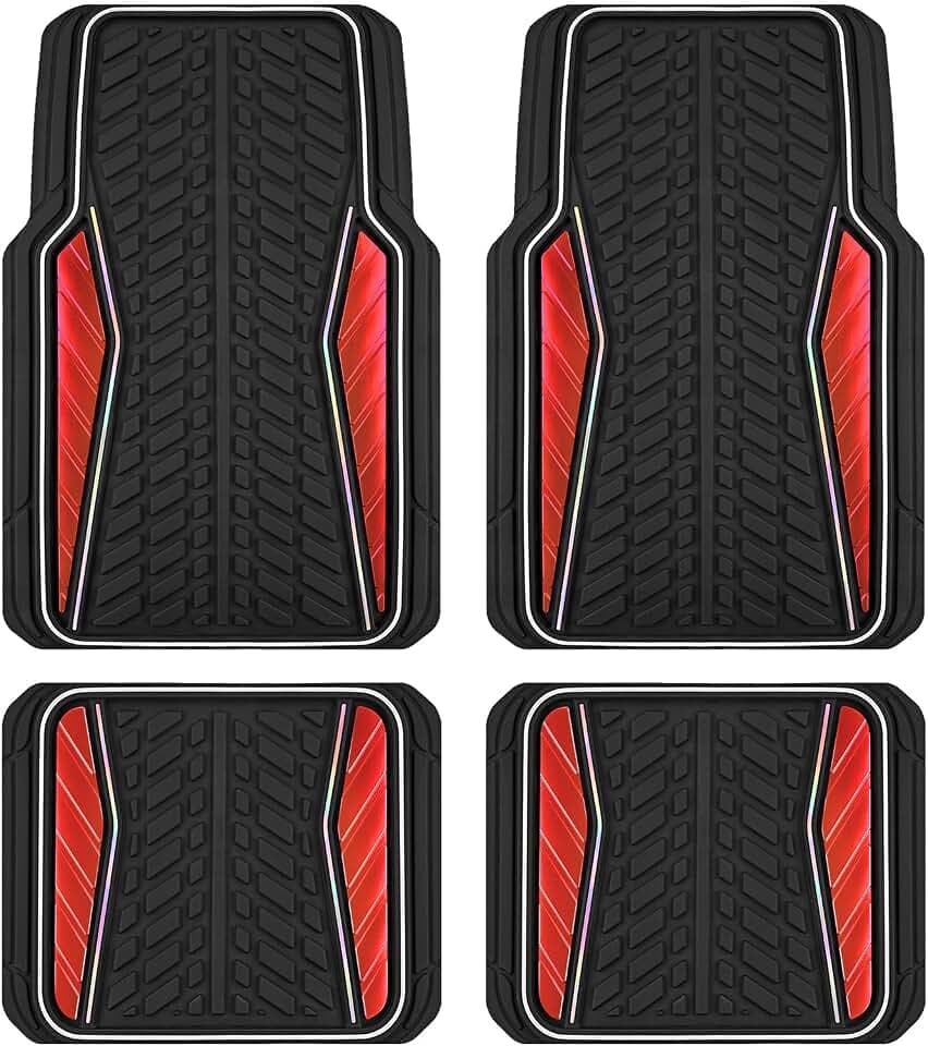PIC AUTO Car Floor Mats, Red Aluminum-Molded with Full-Circle Iridescent Inlay Strip Car Mats, Universal-Fit Rubber Mats for Cars, Trucks & SUVs, All-Weather, Non-Slip, Easy-to-Clean Interior Mats