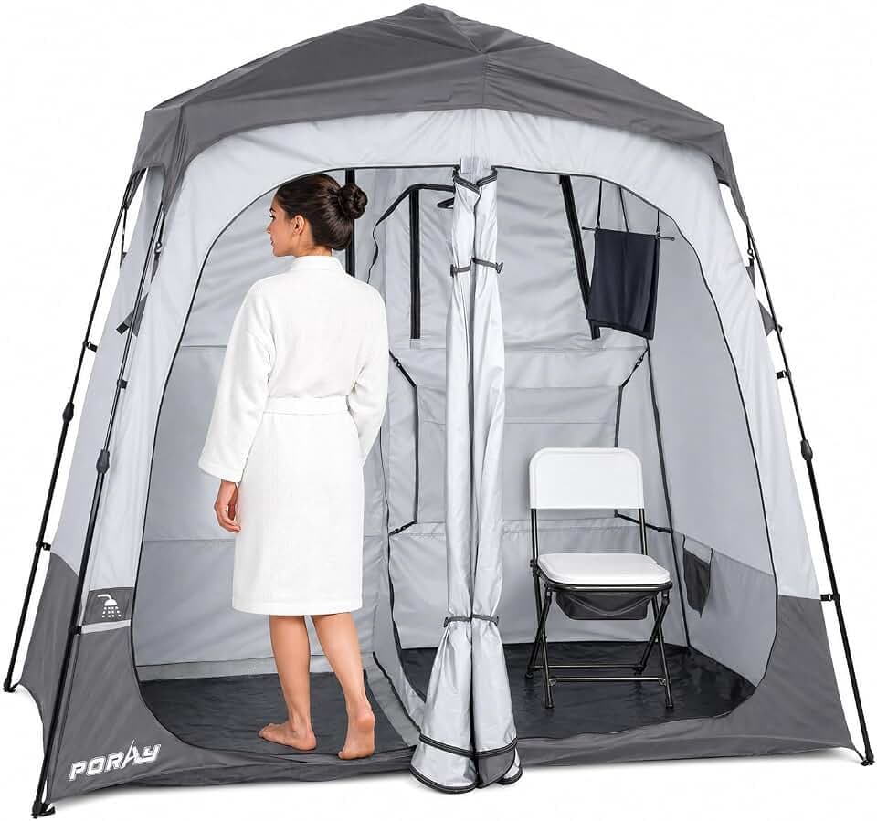 Porayhut Portable Camping Shower Tent Deluxe Changing Room Easy Set Up Privacy Shelter,Large Toilet Tent 2 Rooms with Floor Drain Design for Beach, Camping,Hiking with Stakes and Ropes for Stability