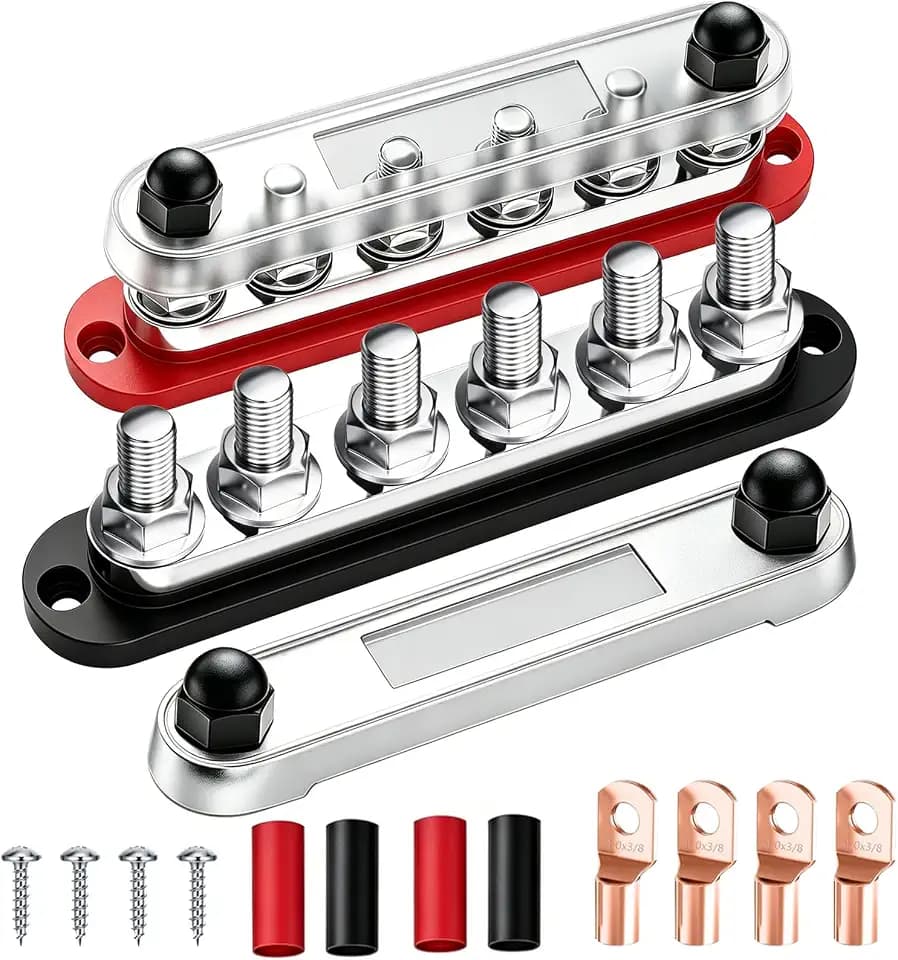 350A 12V-48V Bus Bar Marine Power Distribution Block with Cover with 6 x 3/8”Post,Battery Bus Bar (Pair,Red & Black),Automotive Busbars 12 Volt for Car Boat Solar Wiring