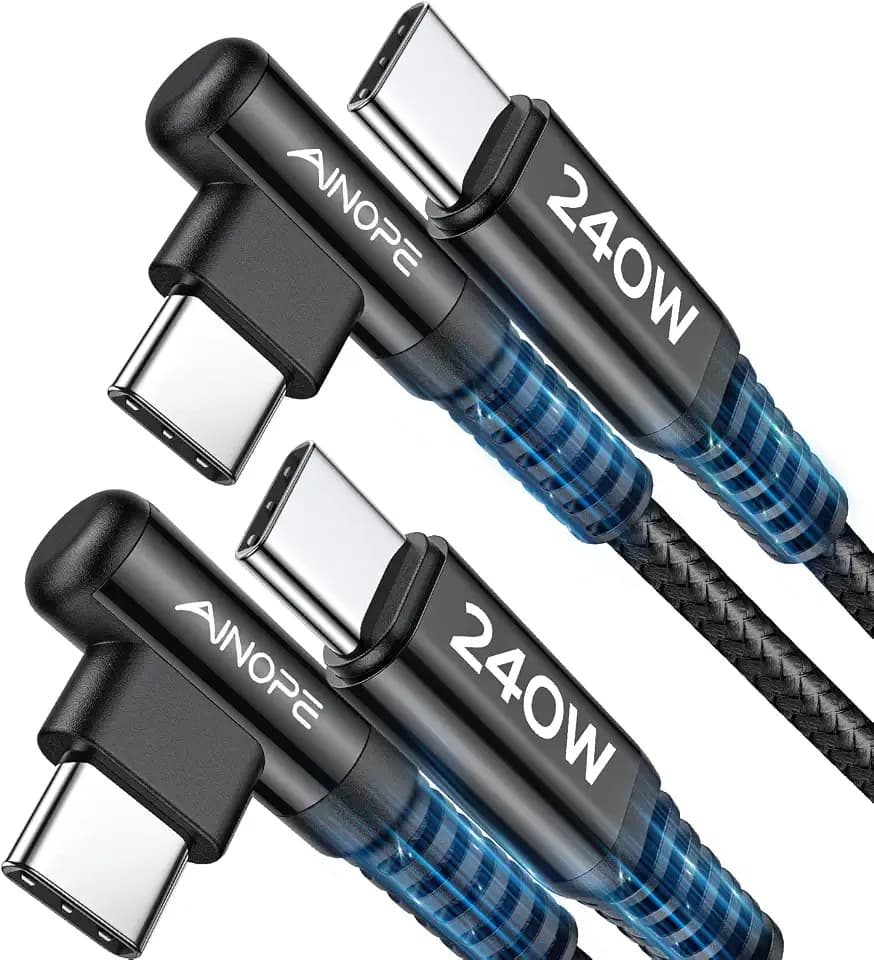 AINOPE 240W USB C to USB C Cable (6.6ft 2Pack) USB C to USB C Fast Charging Cable, Right Angle USB C Charger Cable for iPhone16 Charger Cord, MacBook Pro, iPad Pro/Air,Samsung,Black