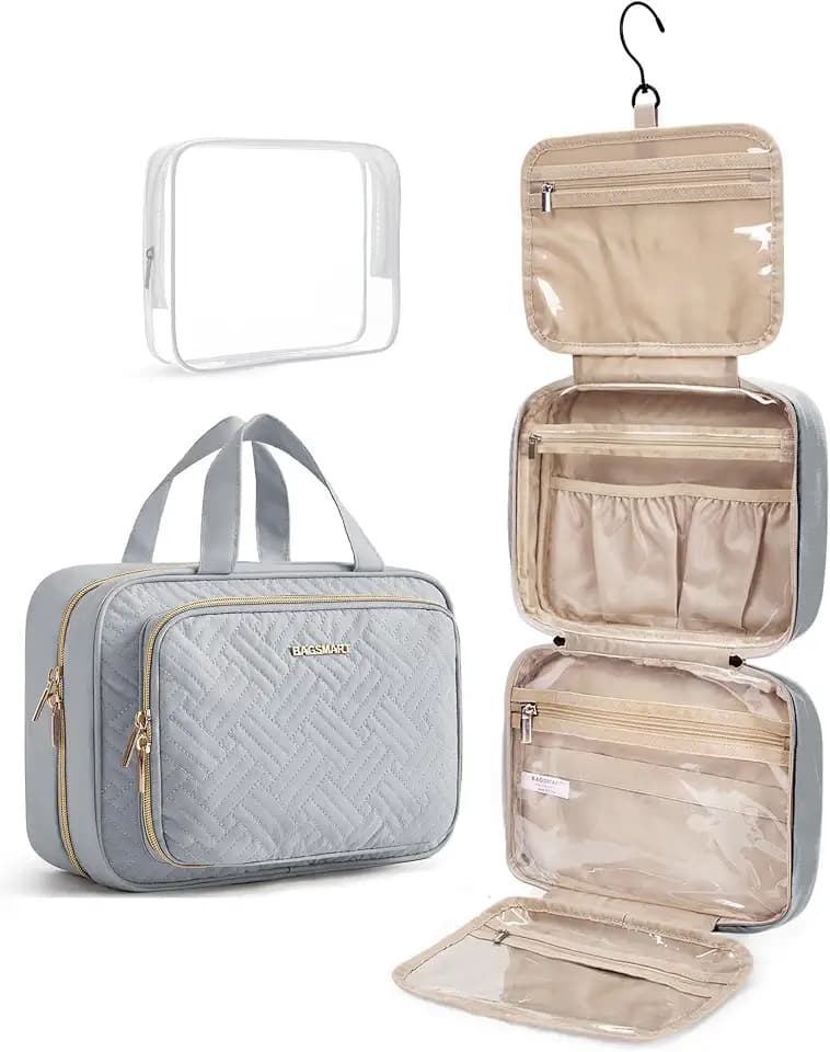 BAGSMART Toiletry Bag Hanging Travel Makeup Organizer with TSA Approved Transparent Cosmetic Bag Makeup Bag for Full Sized Toiletries, Medium-Grey