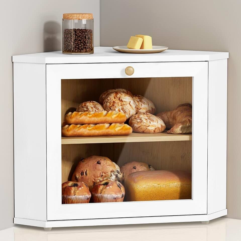 White Corner Bread Box for Kitchen Countertop, Double Layer Large Breadbox