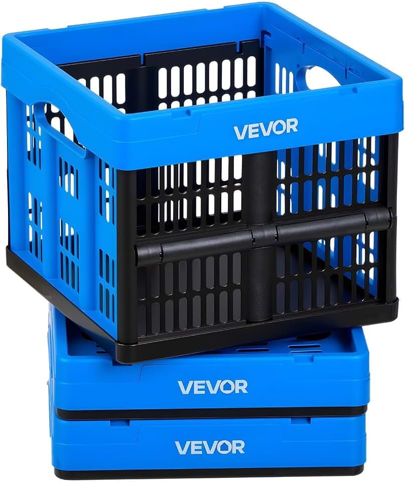 VEVOR Plastic Collapsible Storage Bins, 25L 3 Packs, Stackable Folding Storage Crates with Handles, Holds 22 lbs Per Bin, Foldable Heavy Duty Containers, Space-Saving Baskets, for Home Organizing