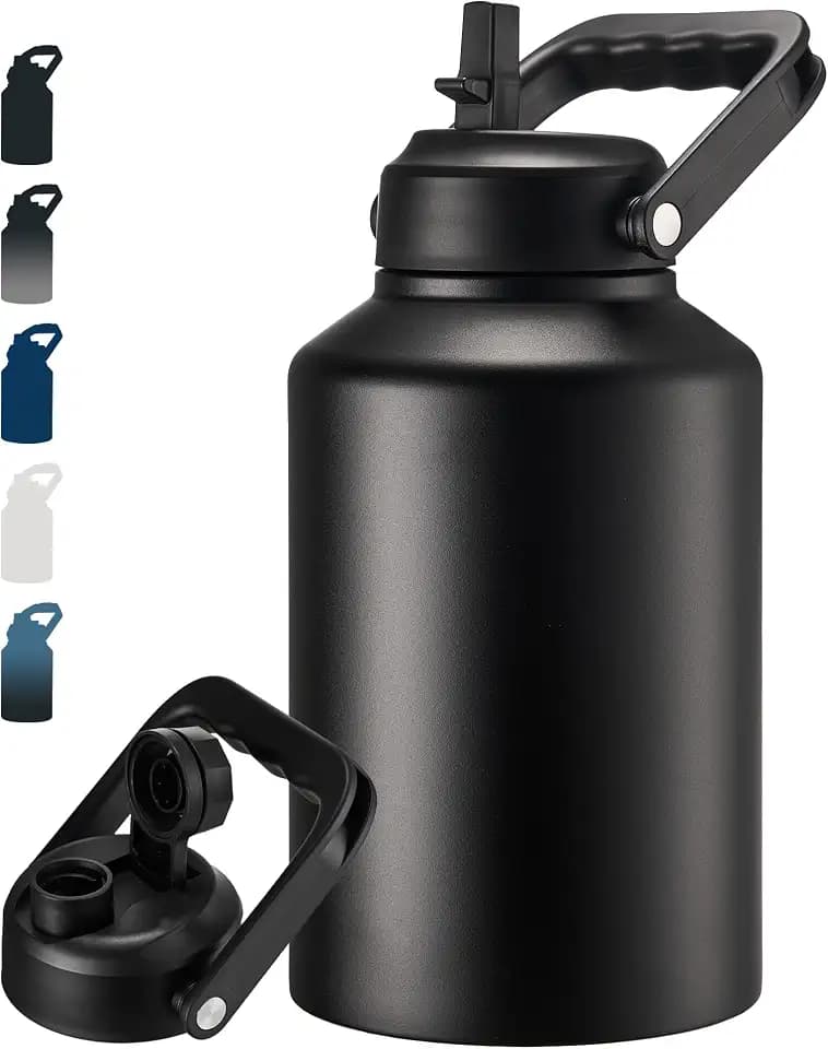 Fijinhom Insulated Gallon Jug, Large 128oz Stainless Steel Insulated Water Bottles with Handle, Leak proof, Double-Wall Vacuum Insulation for Construction Sites, Camping and Hiking, Black