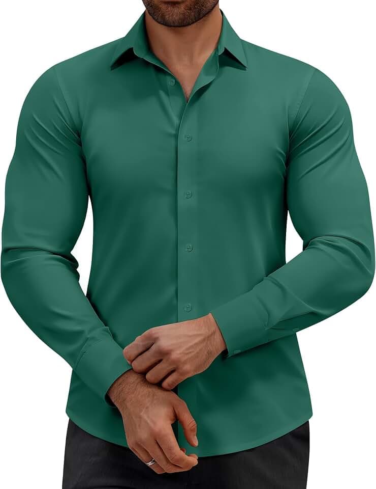 Alimens & Gentle Mens Dress Shirts Stretch Muscle Fit Wrinkle Free Long Sleeve Button Down Shirt Casual Business Formal Shirt