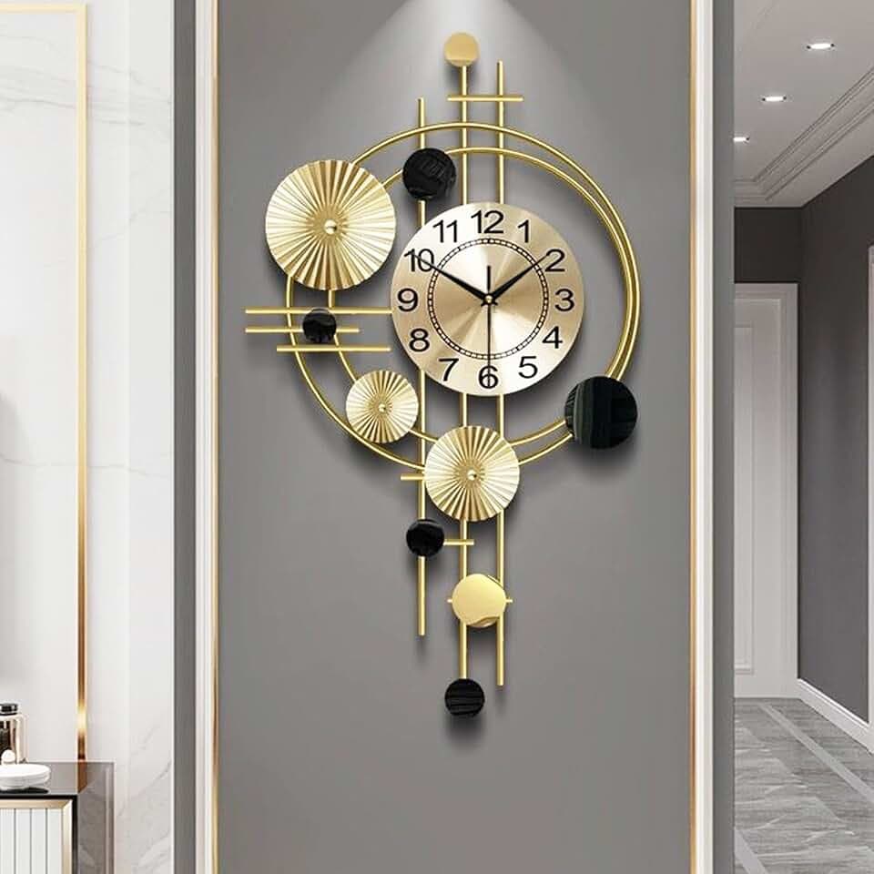 Große Wanduhr für Wohnzimmer, leises Quarzwerk, nicht tickend, batteriebetrieben, dekorative analoge große Wanduhr für Küche, Schlafzimmer, Zuhause, Büro, Wanddekoration, 45,2 x 78 cm (Gold)