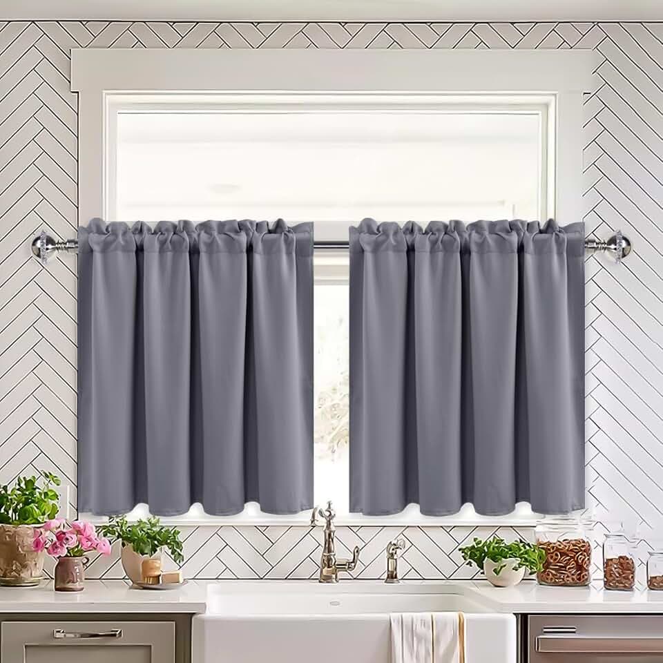 XWZO Grau Gardinen Blackout, Vorhänge Blickdicht, Küchengardinen Bistrogardine Kurzer Scheibengardinen für kleines Fenster, Wohnwagen, B 66cm x H 91cm pro Paneel, 2er Set