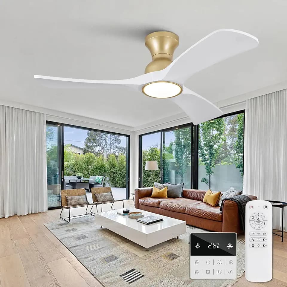 White Gold Ceiling Fans with Lights Flush Mount,42 inch Solid Wood,Remote Control,Wall Switch,Dimmable,Reversible,Power Off Memory Modern Ceiling Fan Indoor/Outdoor for Bedroom Patios