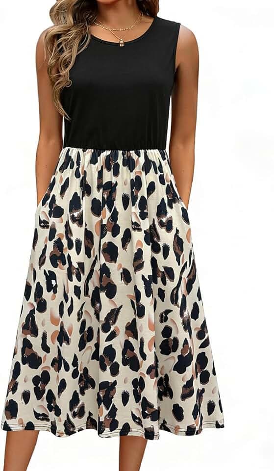 Damen Sommerkleid Ärmellos Rundhals Elegant Blumenkleid Freizeitkleider A Linie Midi Tank Kleider Kleid mit Taschen Strandkleid