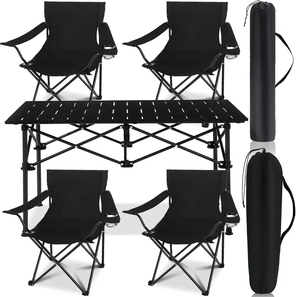 5 Pcs Summer Portable Camping Chair and Folding Camping Table Set Outdoor Oxford Fabric Folding Chair Lawn Portable Camp Table with Cup Holder Carry Bag for Travel Fishing Sport(Black)