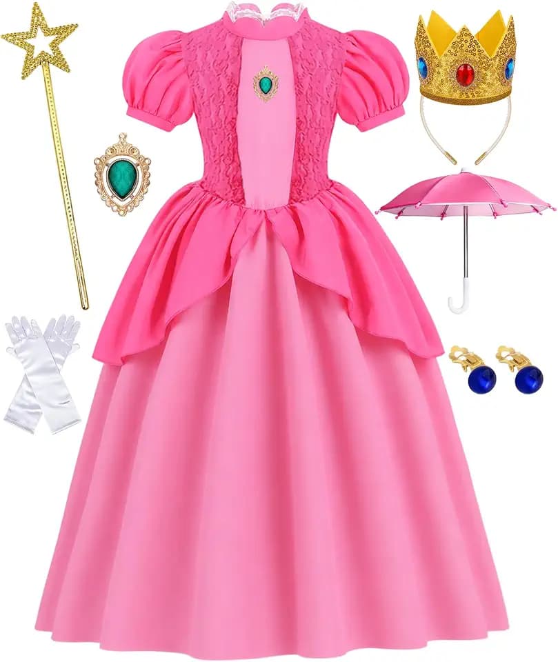 Pink Princess Costume Kids Girls Princess Dress with Accessories Parasol