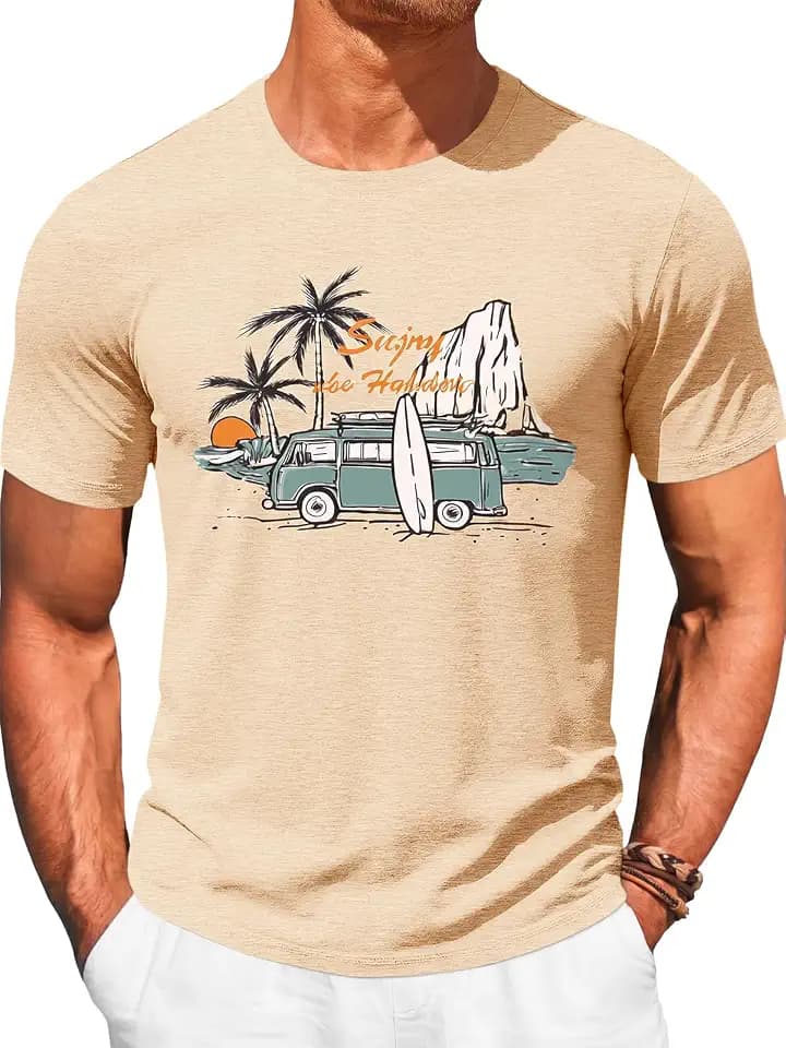 Runcati Mens Short Sleeve T-Shirts Graphic Crew Neck Beach Printed Tees
