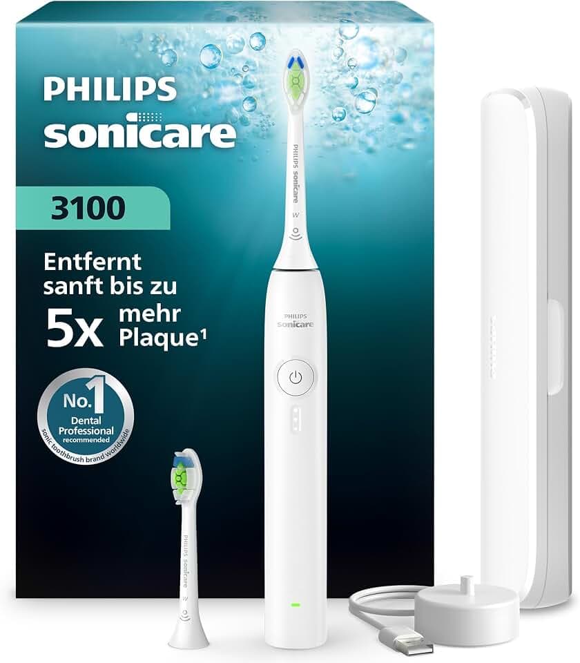 Philips Sonicare Series 3100 Elektrische Zahnbürste – Schallzahnbürste mit Drucksensor, drei Intensitätsstufen, EasyStart, SmarTimer, 14 Tage Laufzeit, Reiseetui, Weiß, HX4034/21, [Neu]