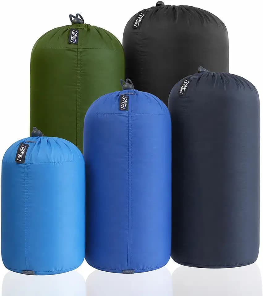 Frelaxy Stuff Sack Set 5-Pack (3L&5L&9L&15L&20L), Ultralight Ditty Bags with Dust Flap for Traveling Hiking Backpacking (Sky Blue&Blue&Navy&Army Green&Black)