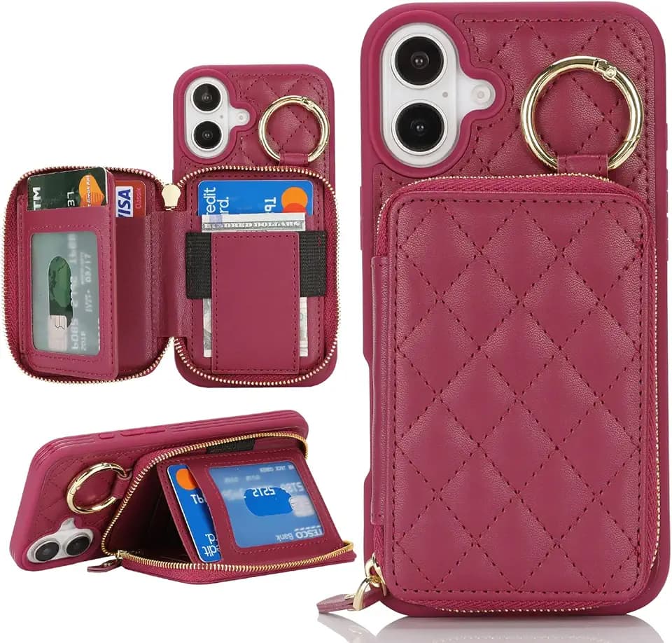 for iPhone 17 Case Wallet with Card Holder-Dark red