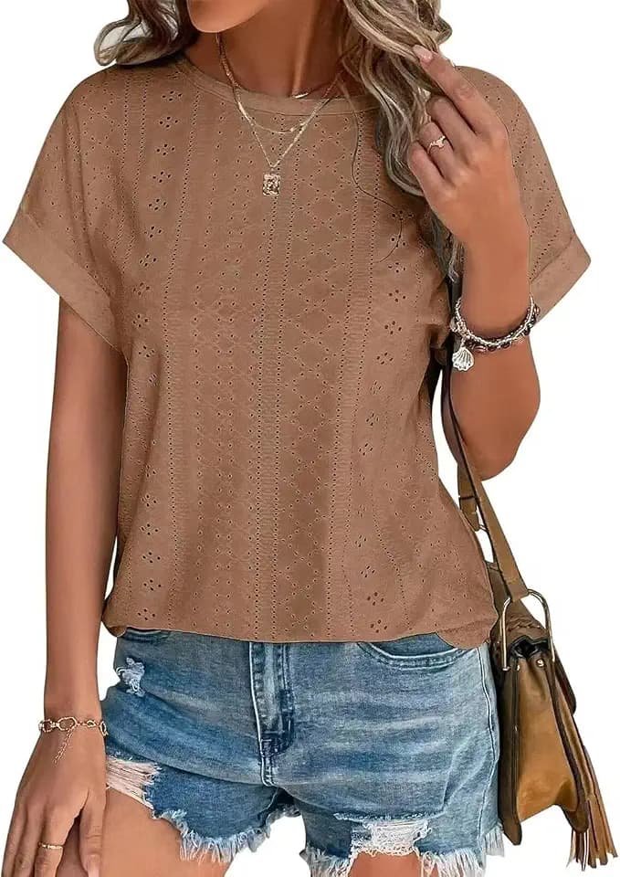 Damen Tshirt Sommer Bluse Elegant Kurzarm Lässige Lochstickerei Oberteil Kleidung Casual Shirts Rundhals Sommerblusen Tunika Tops