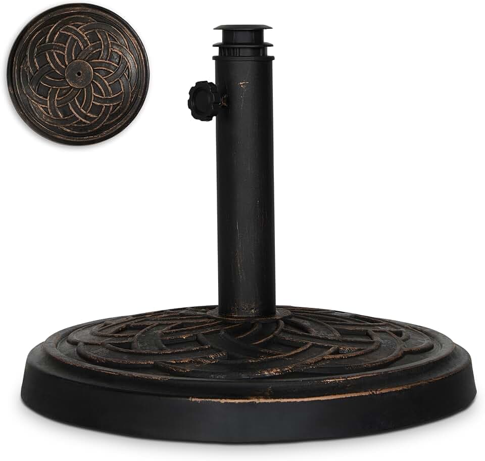 Backyard Expressions 26.5 lb Round Heavy Duty Patio Umbrella Base – Weather Resistant Calcium Carbonate Resin with Bronze Weave Design – Fits 1.5" to 2" Poles, Easy Assembly, UV & Fade Resistant