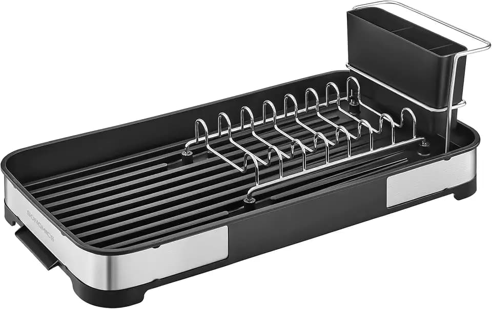 SONGMICS Abtropfgestell klein, Geschirr-Abtropfgestell für Spüle, Abtropfständer, Abtropfgitter Edelstahl, Abtropfschale, Besteckhalter, Tassenhalter rostfrei, für Geschirr, silbern-schwarz KCS034B01