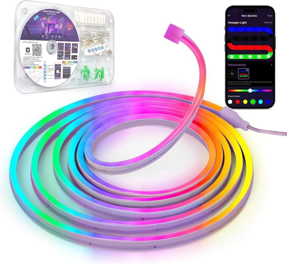 Kangtaixin Neon LED Strip 3m, Flexible LED Streifen mit App-Steuerung, 5V RGB LED Band Seil Lampe, DIY-Formen, Musik Sync, Neon Lichtband für Wohnzimmer, Schlafzimmer, Wand, Gaming Deko