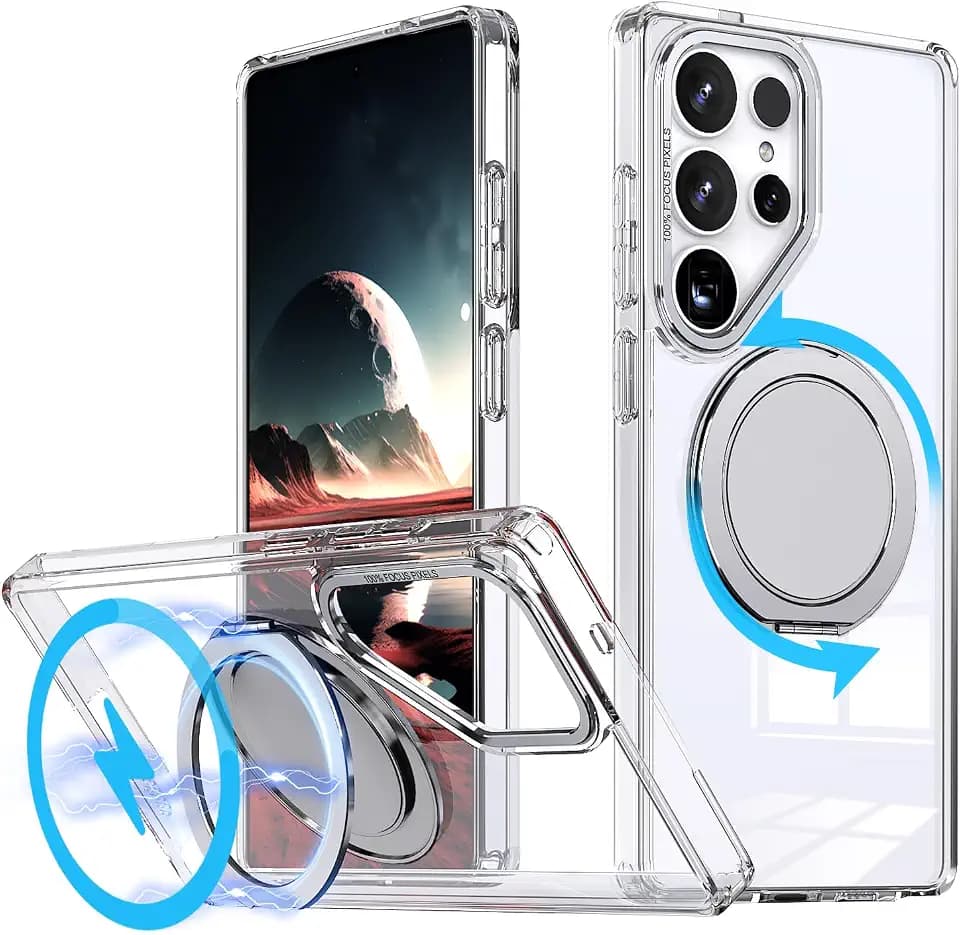 360 Rotatable Magnetic Stand for Samsung Galaxy S25 Ultra Case with Ring Kickstand, Compatible with Magsafe,Military Grade Shockproof Translucent Protective Case - 6.9 inch,Clear