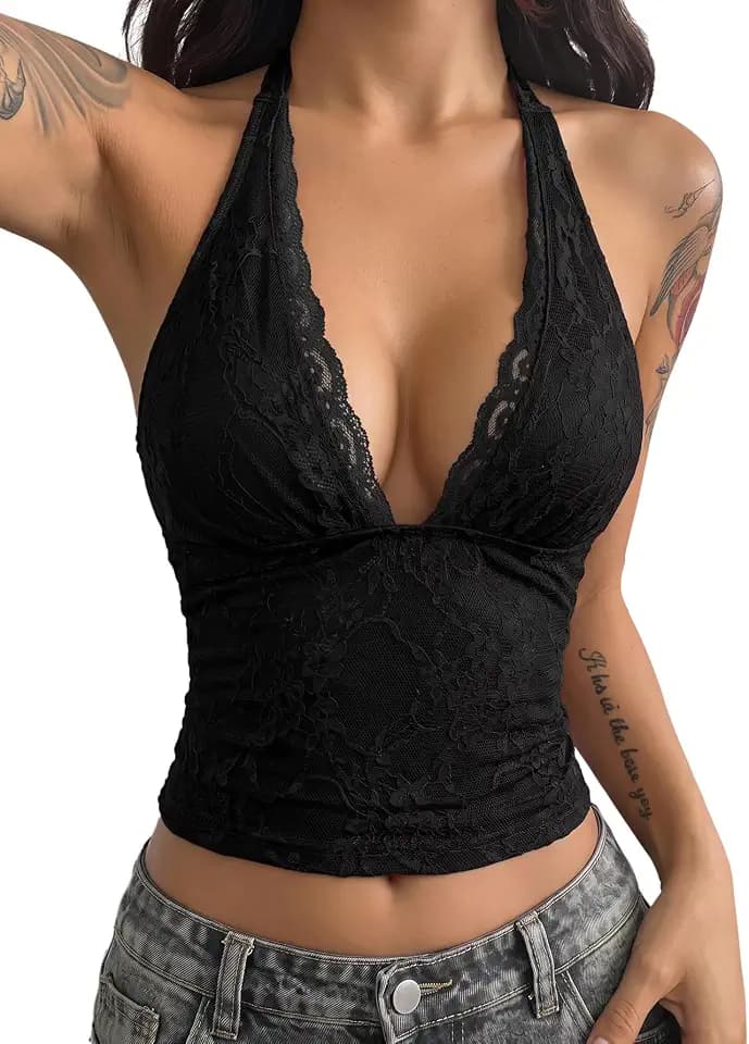 BEAUDRM Women's Going Out Tops Y2k Lace Halter Tops Sexy Club Outfits